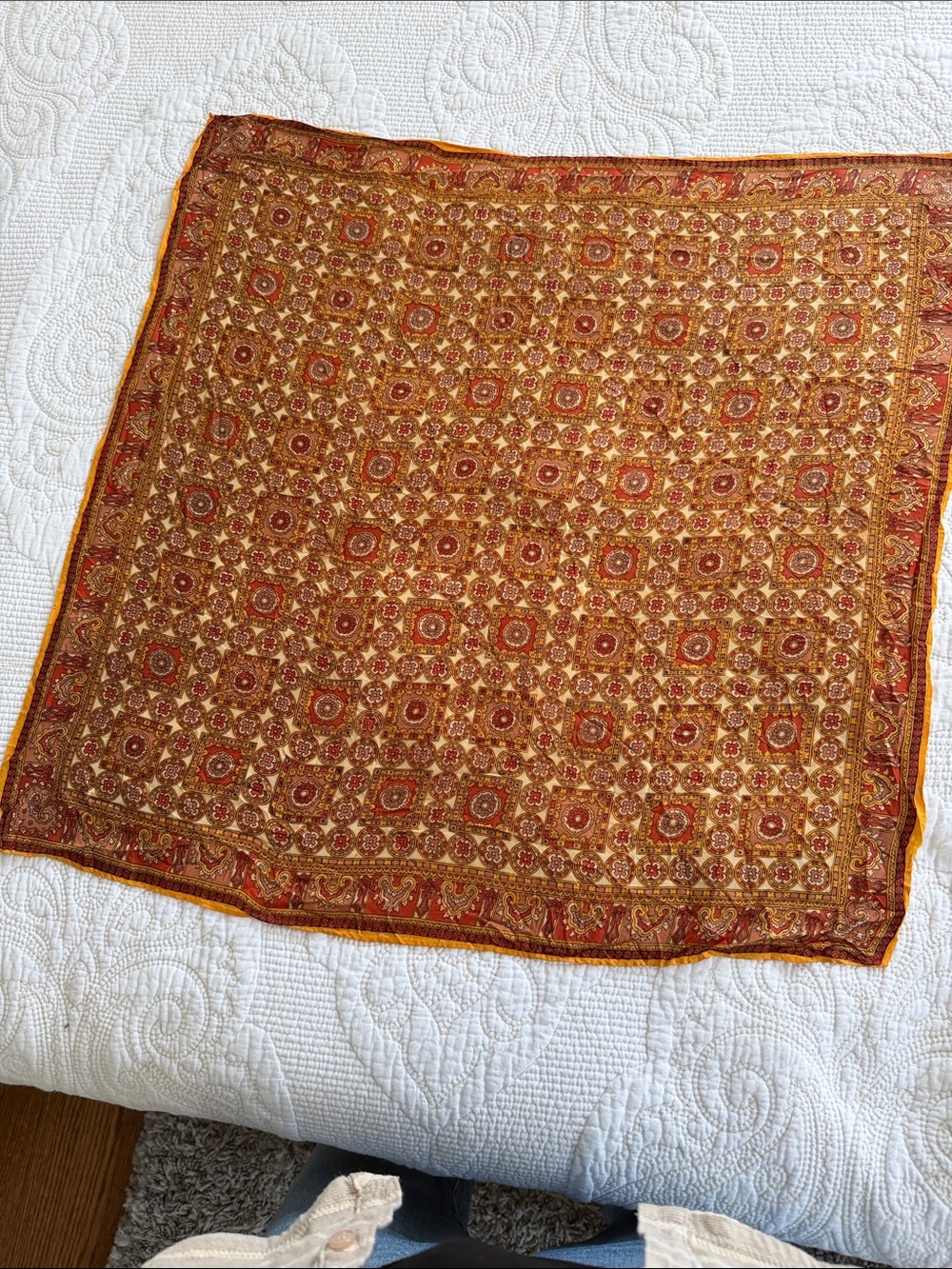 Vintage Silk Paisley Geometric Square Scarf Brown Rust Gold 23”